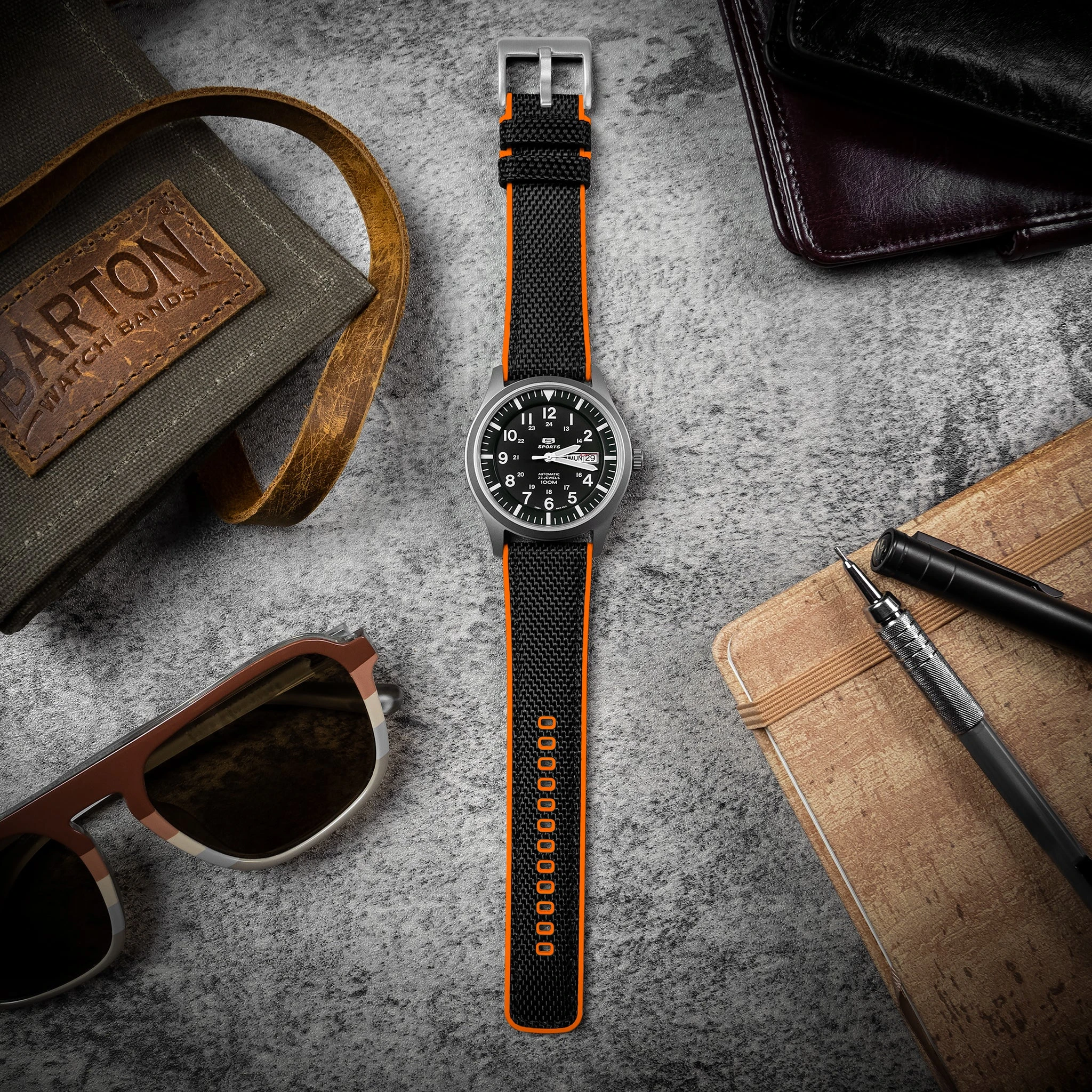 Barton Watch Bands Black Cordura Fabric And Pumpkin Orange Silicone Hybrid 5 Barton Watch Bands Black Cordura Fabric And Pumpkin Orange Silicone Hybrid - Image 3